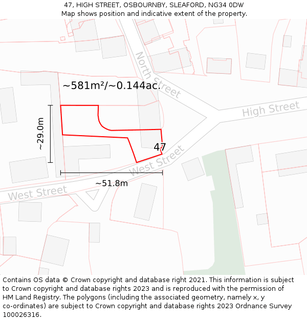 47, HIGH STREET, OSBOURNBY, SLEAFORD, NG34 0DW: Plot and title map