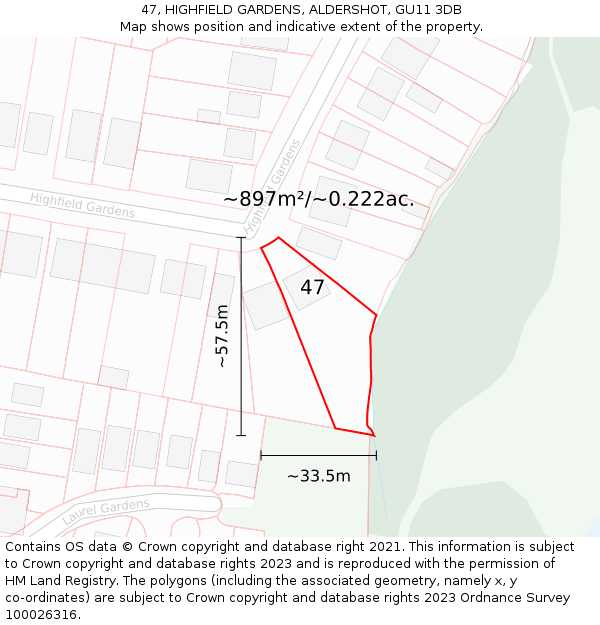 47, HIGHFIELD GARDENS, ALDERSHOT, GU11 3DB: Plot and title map