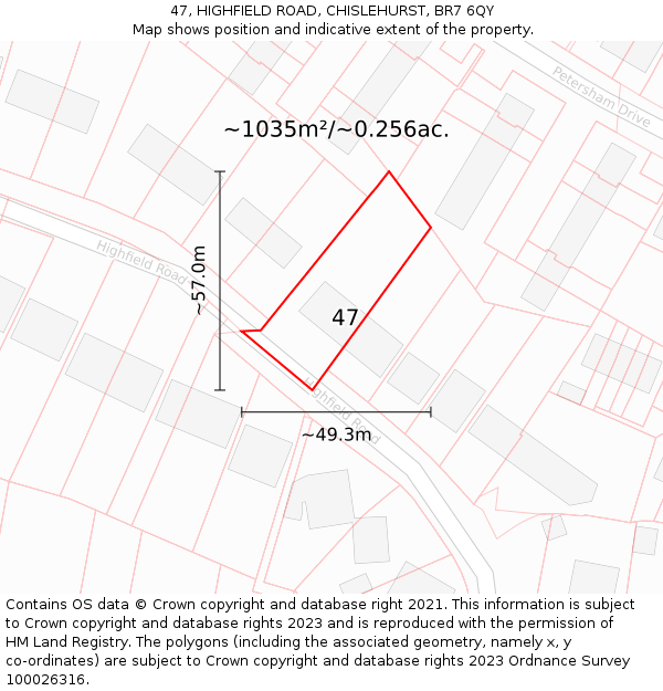 47, HIGHFIELD ROAD, CHISLEHURST, BR7 6QY: Plot and title map