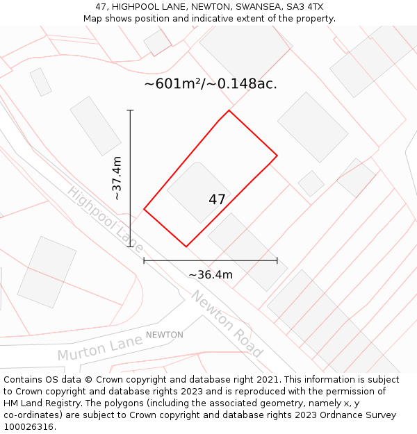 47, HIGHPOOL LANE, NEWTON, SWANSEA, SA3 4TX: Plot and title map