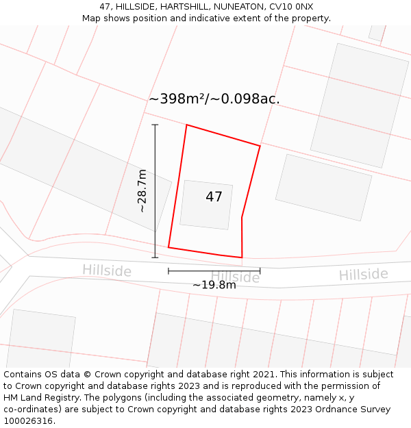 47, HILLSIDE, HARTSHILL, NUNEATON, CV10 0NX: Plot and title map