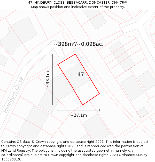 47, HINDBURN CLOSE, BESSACARR, DONCASTER, DN4 7RW: Plot and title map