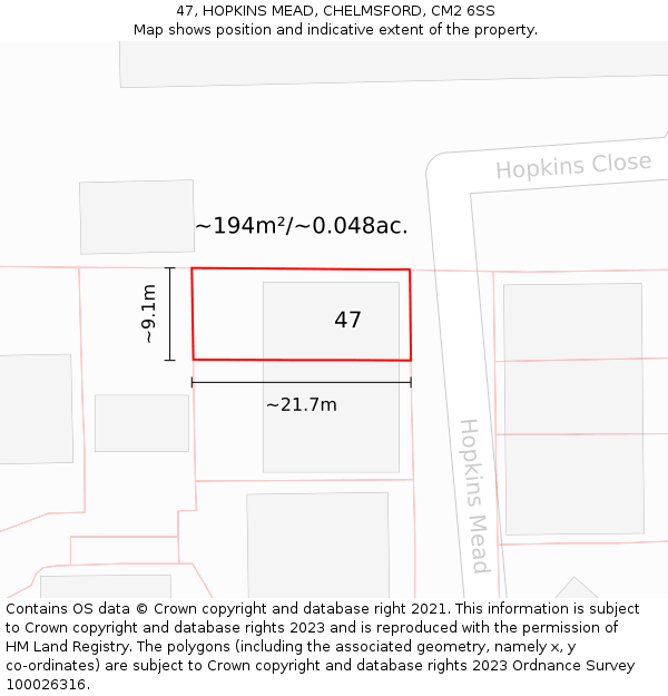 47, HOPKINS MEAD, CHELMSFORD, CM2 6SS: Plot and title map