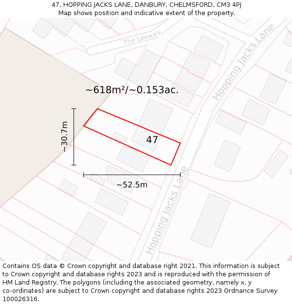 47, HOPPING JACKS LANE, DANBURY, CHELMSFORD, CM3 4PJ: Plot and title map