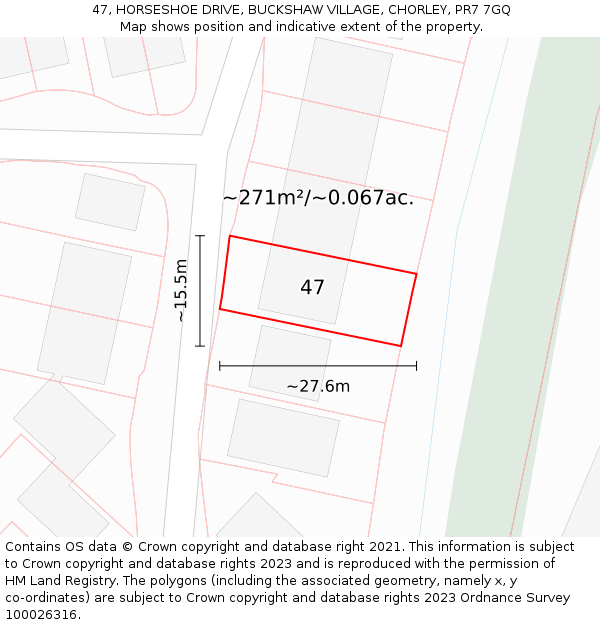 47, HORSESHOE DRIVE, BUCKSHAW VILLAGE, CHORLEY, PR7 7GQ: Plot and title map