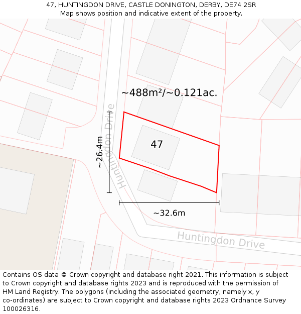 47, HUNTINGDON DRIVE, CASTLE DONINGTON, DERBY, DE74 2SR: Plot and title map