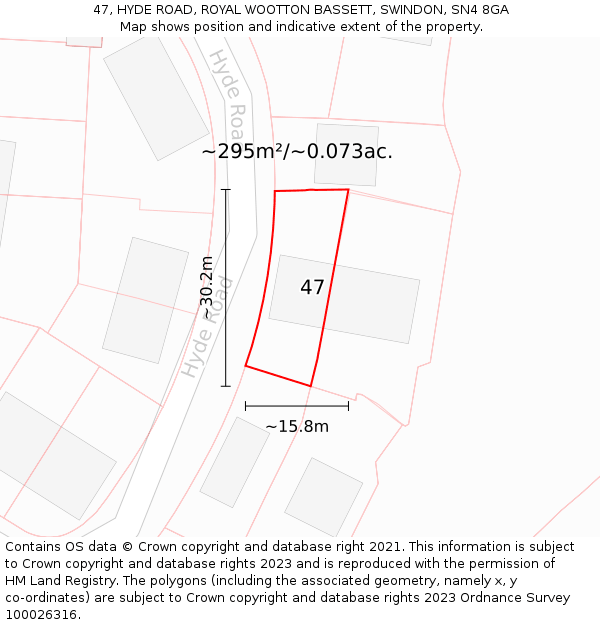 47, HYDE ROAD, ROYAL WOOTTON BASSETT, SWINDON, SN4 8GA: Plot and title map