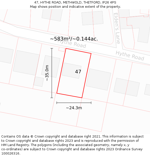 47, HYTHE ROAD, METHWOLD, THETFORD, IP26 4PS: Plot and title map