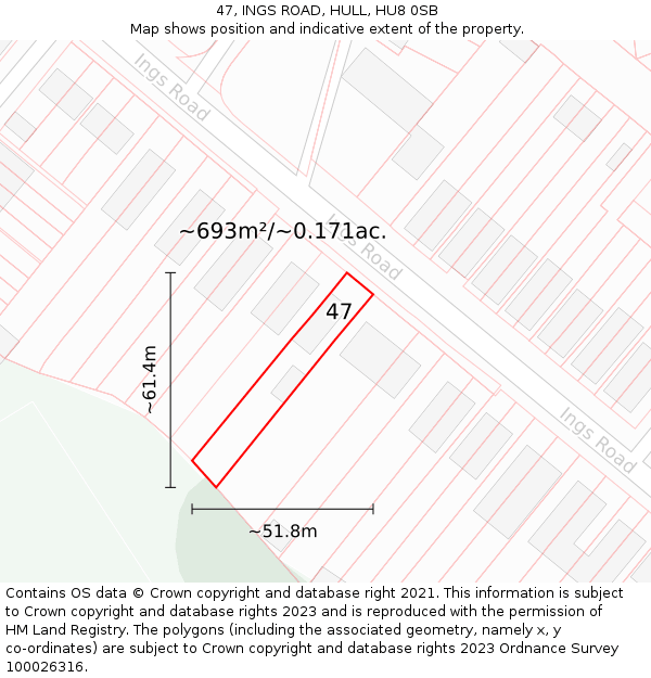 47, INGS ROAD, HULL, HU8 0SB: Plot and title map