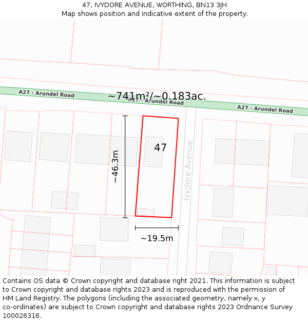 47, IVYDORE AVENUE, WORTHING, BN13 3JH: Plot and title map