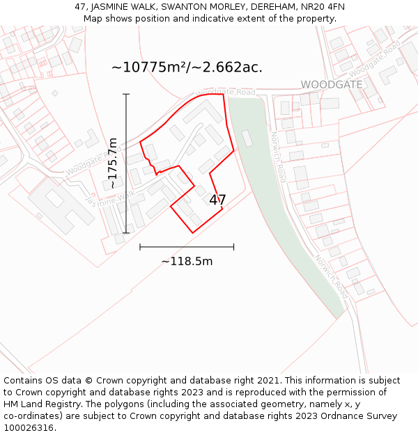 47, JASMINE WALK, SWANTON MORLEY, DEREHAM, NR20 4FN: Plot and title map