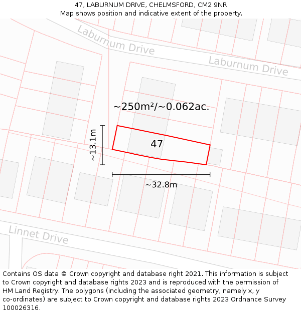 47, LABURNUM DRIVE, CHELMSFORD, CM2 9NR: Plot and title map