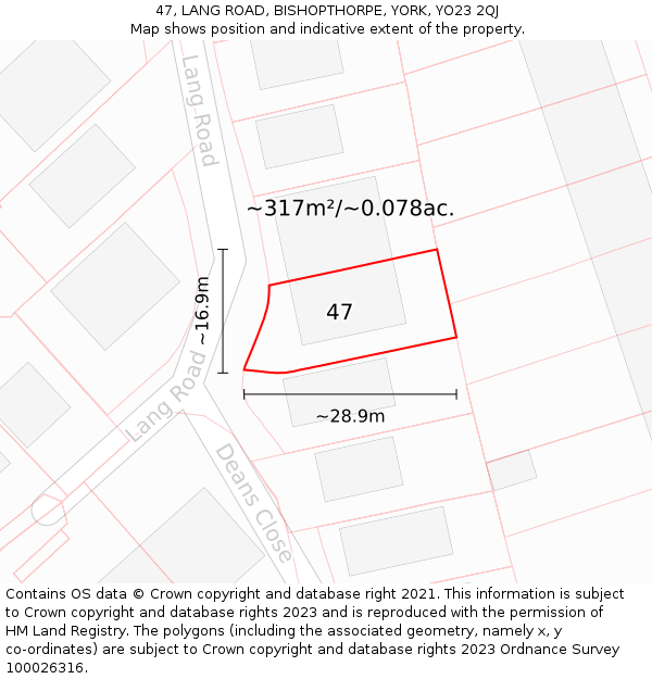 47, LANG ROAD, BISHOPTHORPE, YORK, YO23 2QJ: Plot and title map