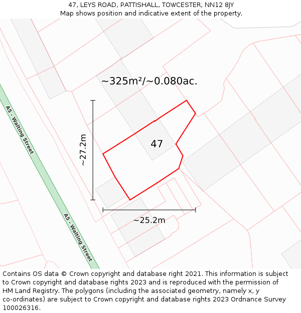 47, LEYS ROAD, PATTISHALL, TOWCESTER, NN12 8JY: Plot and title map