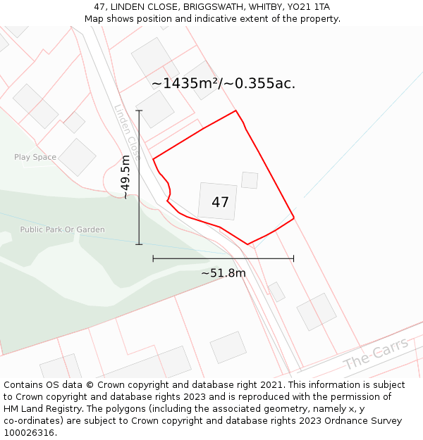 47, LINDEN CLOSE, BRIGGSWATH, WHITBY, YO21 1TA: Plot and title map