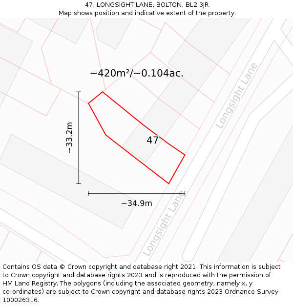47, LONGSIGHT LANE, BOLTON, BL2 3JR: Plot and title map