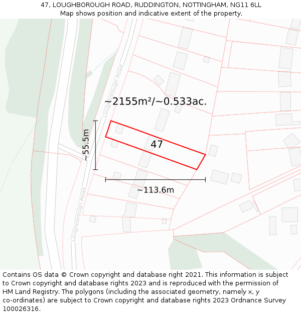 47, LOUGHBOROUGH ROAD, RUDDINGTON, NOTTINGHAM, NG11 6LL: Plot and title map