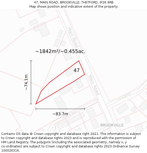 47, MAIN ROAD, BROOKVILLE, THETFORD, IP26 4RB: Plot and title map