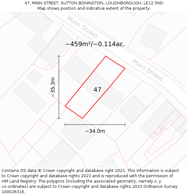 47, MAIN STREET, SUTTON BONINGTON, LOUGHBOROUGH, LE12 5ND: Plot and title map