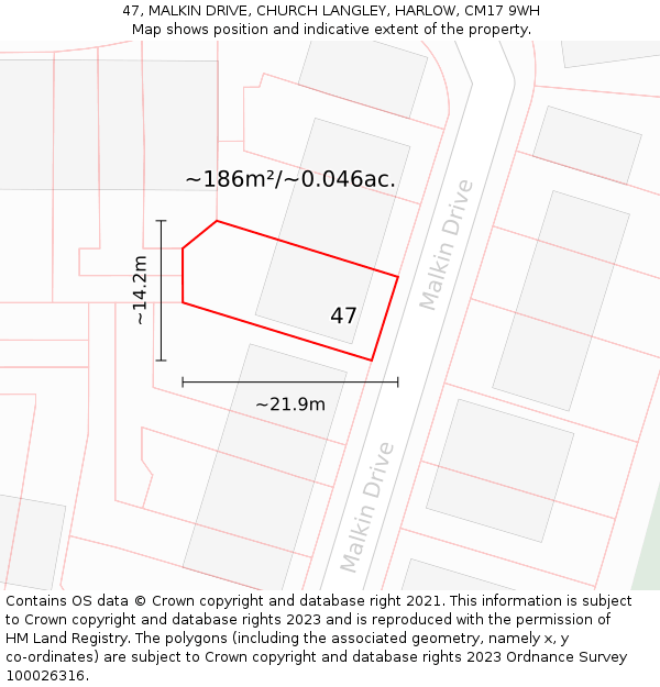 47, MALKIN DRIVE, CHURCH LANGLEY, HARLOW, CM17 9WH: Plot and title map