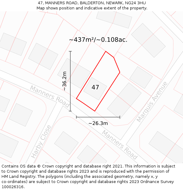 47, MANNERS ROAD, BALDERTON, NEWARK, NG24 3HU: Plot and title map