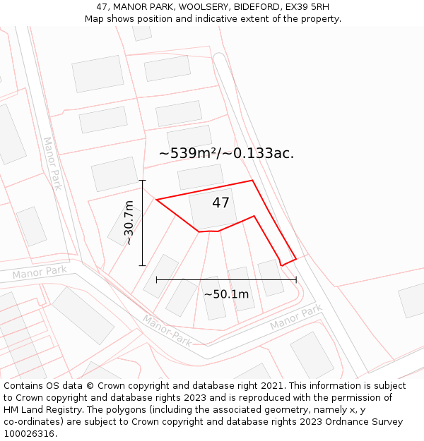 47, MANOR PARK, WOOLSERY, BIDEFORD, EX39 5RH: Plot and title map