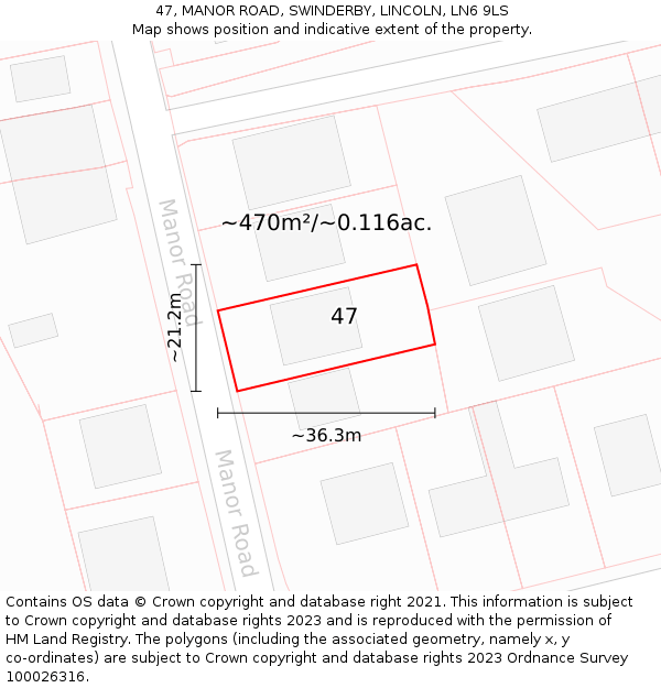 47, MANOR ROAD, SWINDERBY, LINCOLN, LN6 9LS: Plot and title map