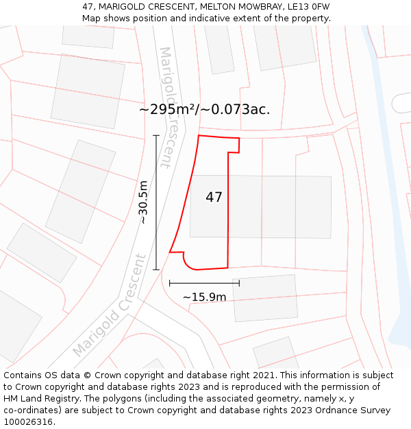 47, MARIGOLD CRESCENT, MELTON MOWBRAY, LE13 0FW: Plot and title map