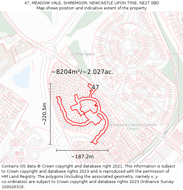 47, MEADOW VALE, SHIREMOOR, NEWCASTLE UPON TYNE, NE27 0BD: Plot and title map