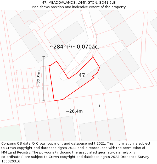 47, MEADOWLANDS, LYMINGTON, SO41 9LB: Plot and title map