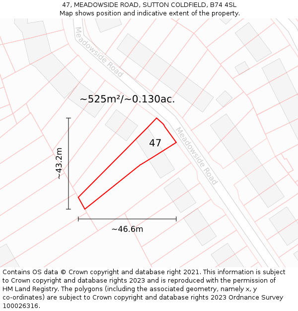 47, MEADOWSIDE ROAD, SUTTON COLDFIELD, B74 4SL: Plot and title map