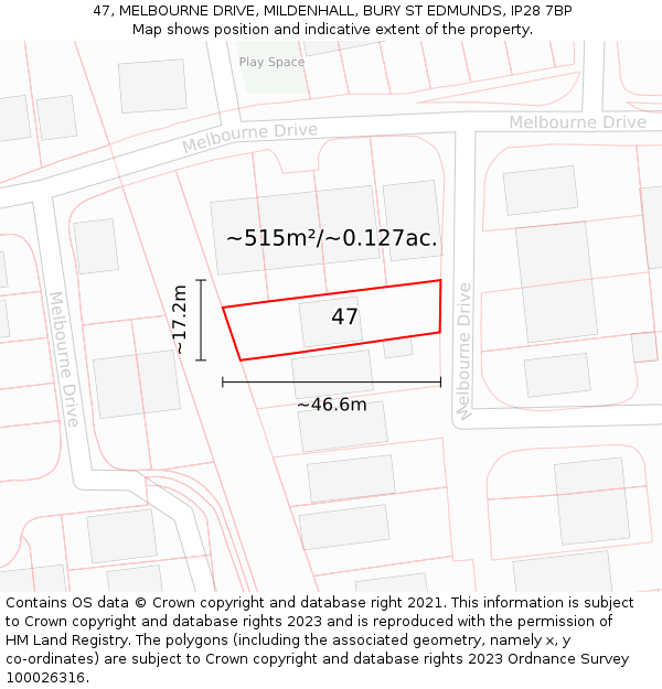 47, MELBOURNE DRIVE, MILDENHALL, BURY ST EDMUNDS, IP28 7BP: Plot and title map