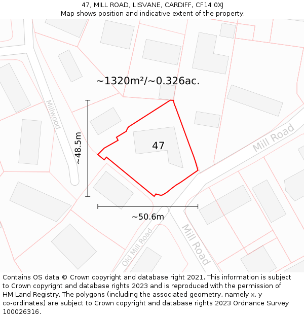 47, MILL ROAD, LISVANE, CARDIFF, CF14 0XJ: Plot and title map