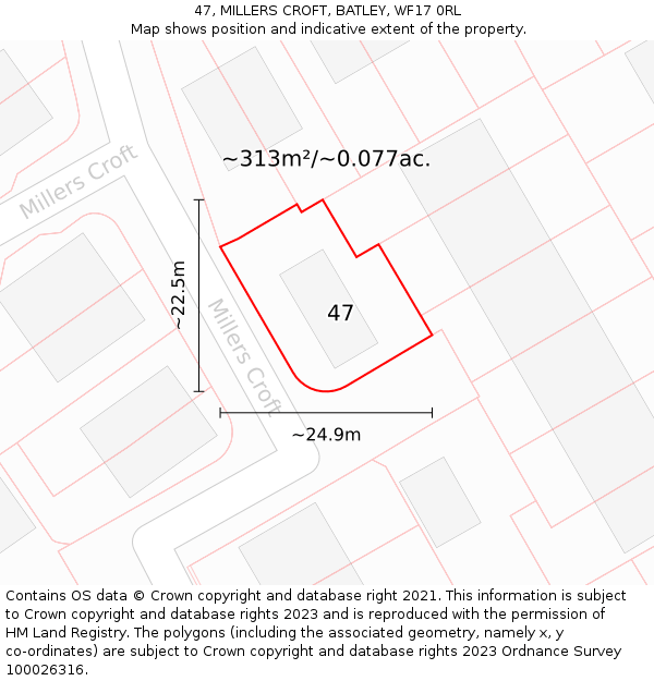 47, MILLERS CROFT, BATLEY, WF17 0RL: Plot and title map