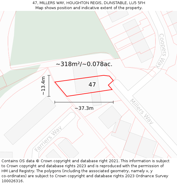 47, MILLERS WAY, HOUGHTON REGIS, DUNSTABLE, LU5 5FH: Plot and title map