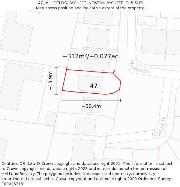 47, MILLFIELDS, AYCLIFFE, NEWTON AYCLIFFE, DL5 6ND: Plot and title map