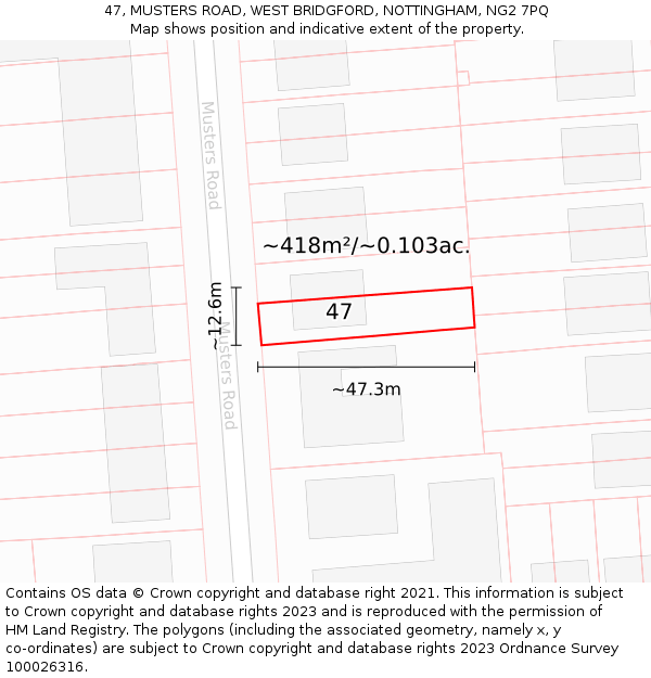 47, MUSTERS ROAD, WEST BRIDGFORD, NOTTINGHAM, NG2 7PQ: Plot and title map