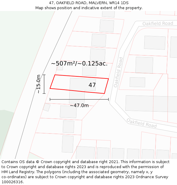 47, OAKFIELD ROAD, MALVERN, WR14 1DS: Plot and title map