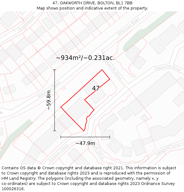 47, OAKWORTH DRIVE, BOLTON, BL1 7BB: Plot and title map