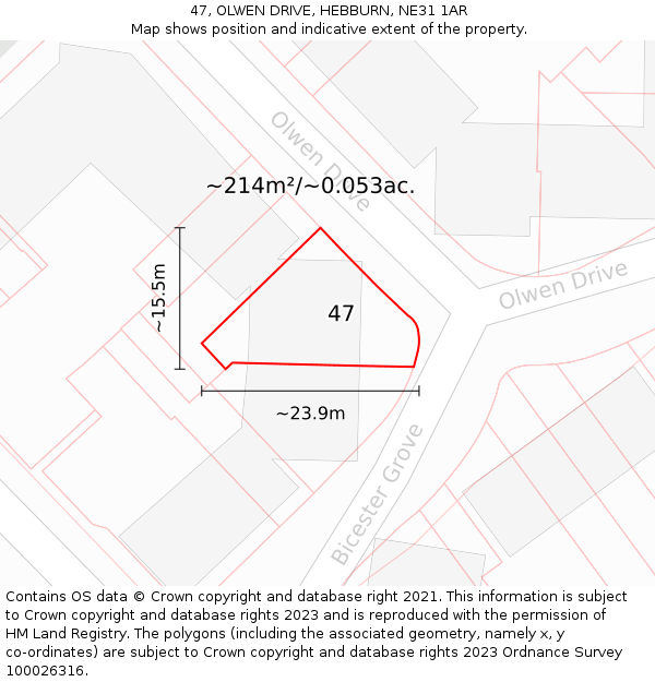 47, OLWEN DRIVE, HEBBURN, NE31 1AR: Plot and title map