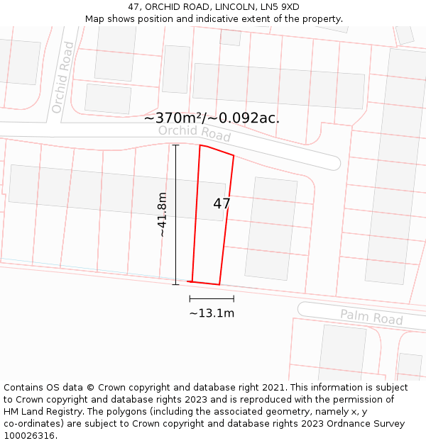 47, ORCHID ROAD, LINCOLN, LN5 9XD: Plot and title map