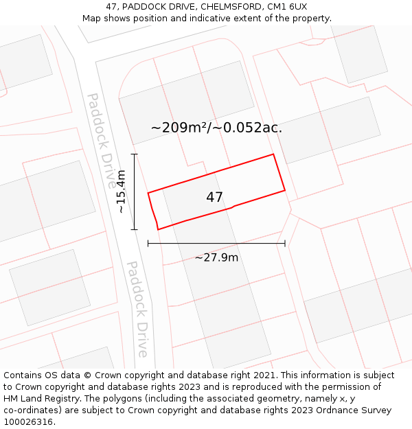 47, PADDOCK DRIVE, CHELMSFORD, CM1 6UX: Plot and title map
