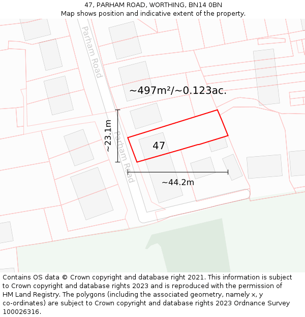 47, PARHAM ROAD, WORTHING, BN14 0BN: Plot and title map