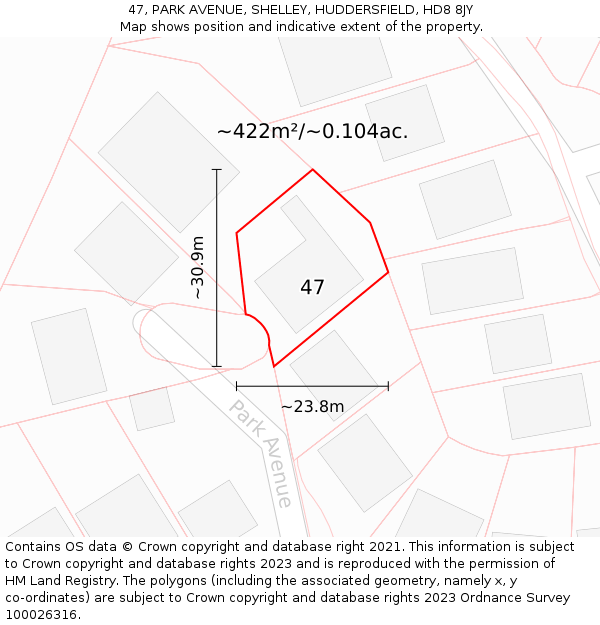 47, PARK AVENUE, SHELLEY, HUDDERSFIELD, HD8 8JY: Plot and title map