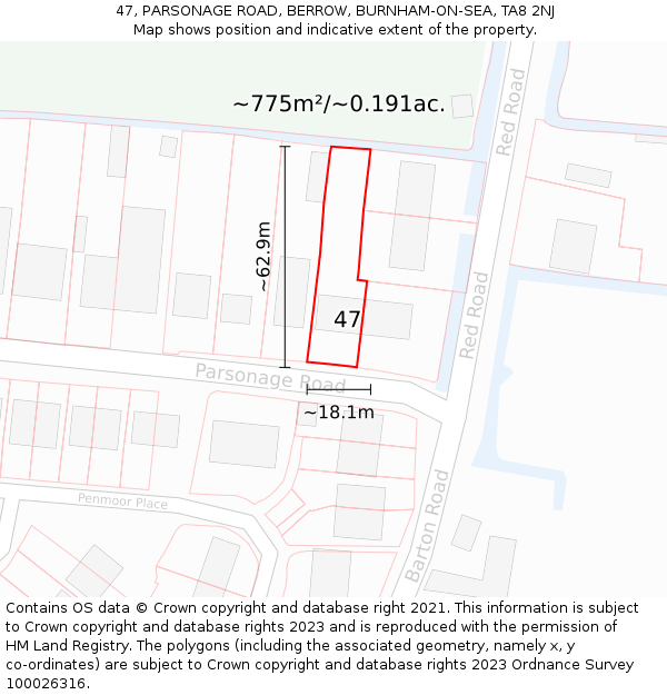 47, PARSONAGE ROAD, BERROW, BURNHAM-ON-SEA, TA8 2NJ: Plot and title map