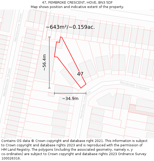 47, PEMBROKE CRESCENT, HOVE, BN3 5DF: Plot and title map