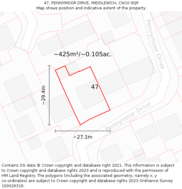 47, PENNYMOOR DRIVE, MIDDLEWICH, CW10 9QP: Plot and title map