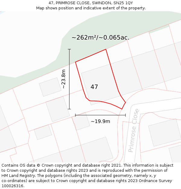 47, PRIMROSE CLOSE, SWINDON, SN25 1QY: Plot and title map