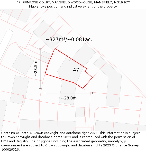 47, PRIMROSE COURT, MANSFIELD WOODHOUSE, MANSFIELD, NG19 9DY: Plot and title map