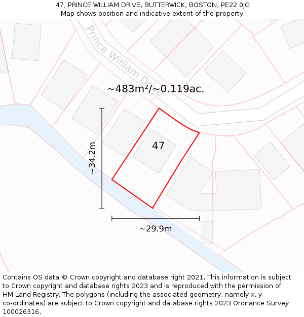 47, PRINCE WILLIAM DRIVE, BUTTERWICK, BOSTON, PE22 0JG: Plot and title map